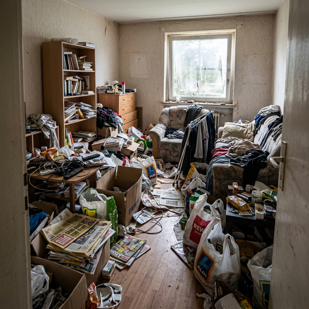 Vermüllte Messie-Wohnung vor der Entrümpelung – überfüllter Raum